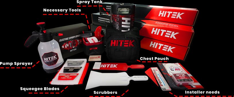 HITEK Installer Toolkit with labeled components: Spray Tank, Necessary Tools, Pump Sprayer, Squeegee Blades, Scrubbers, Chest Pouch, Installer needs